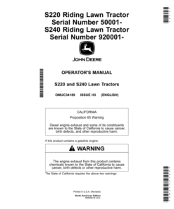 John Deere S220 Riding Lawn Tractor (050001-), S240 Riding Lawn Tractor (920001-) (North American) Operator's Manual (OMUC34189)