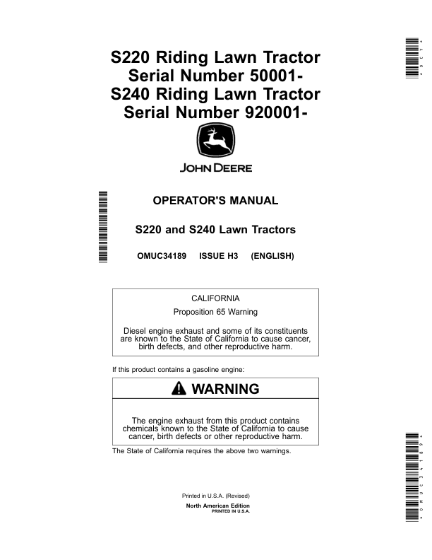 John Deere S220 Riding Lawn Tractor (050001-), S240 Riding Lawn Tractor (920001-) (North American) Operator's Manual (OMUC34189)