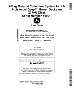 John Deere 2-Bag Material Collection System for 42-Inch Accel Deep Mower Decks on Z370R ZTrak (010001-) (North American) Operator's Manual (OMUC36114E)