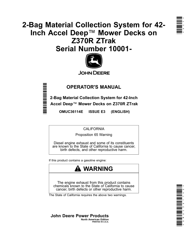 John Deere 2-Bag Material Collection System for 42-Inch Accel Deep Mower Decks on Z370R ZTrak (010001-) (North American) Operator's Manual (OMUC36114E)