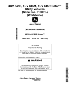 John Deere XUV 845E, XUV 845M, XUV 845R Gator Utility Vehicles (Serial No. 010001-) (Worldwide) Operator's Manual (OMUC36615)
