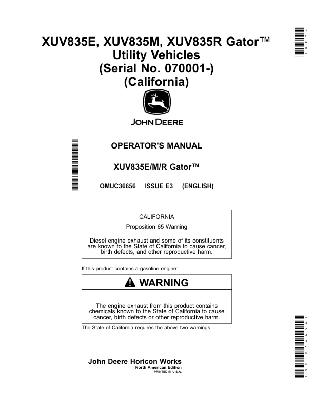 John Deere XUV835E, XUV835M, XUV835R Gator Utility Vehicles(Serial No. 070001-)(California) (070001-,070001-,070001-) (North American) Operator's Manual (OMUC36656)