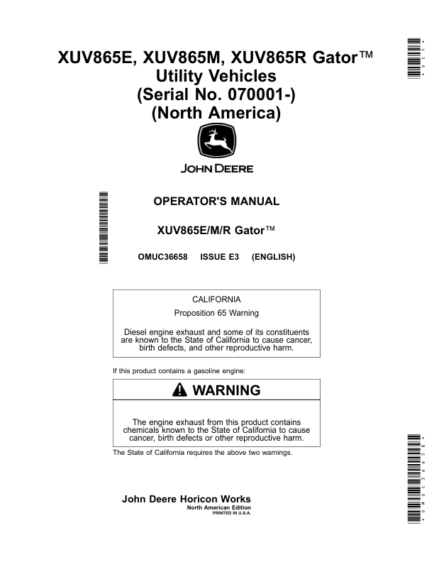 John Deere XUV865E, XUV865M, XUV865R Gator Utility Vehicles (070001-) (North American) Operator's Manual (OMUC36658)