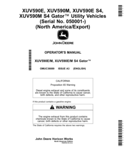 John Deere XUV590E, XUV590M, XUV590E S4, XUV590M S4 Gator Utility Vehicles (050001-) (North American Export Edition) Operator's Manual (OMUC36889)