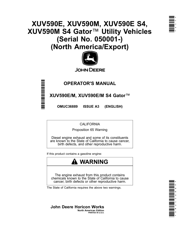 John Deere XUV590E, XUV590M, XUV590E S4, XUV590M S4 Gator Utility Vehicles (050001-) (North American Export Edition) Operator's Manual (OMUC36889)