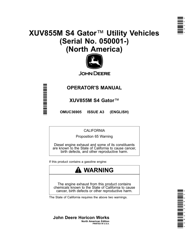 John Deere XUV855M S4 Gator Utility Vehicles (050001-) (North American) Operator's Manual (OMUC36905)