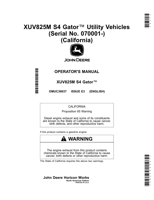 John Deere XUV825M S4 Gator Utility Vehicles (070001-) (California Edition) Operator's Manual (OMUC36937)