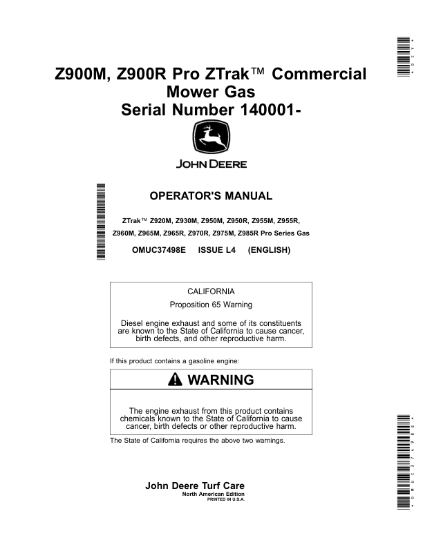 John Deere Z900M, Z900R Pro ZTrak Commercial Mower Gas Serial Number 140001- Operator's Manual (OMUC37498E)