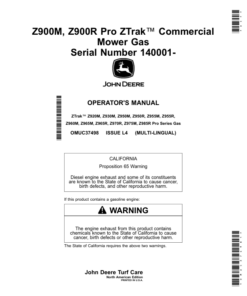 John Deere Z900M, Z900R Pro ZTrak Commercial Mower Gas Serial Number 140001- Operator's Manual (OMUC37498)