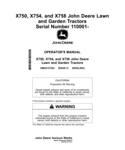 John Deere X750, X754, X758 Lawn, Garden Tractors (110001-) (North American) Operator's Manual (OMUC37524)