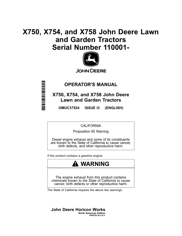 John Deere X750, X754, X758 Lawn, Garden Tractors (110001-) (North American) Operator's Manual (OMUC37524)