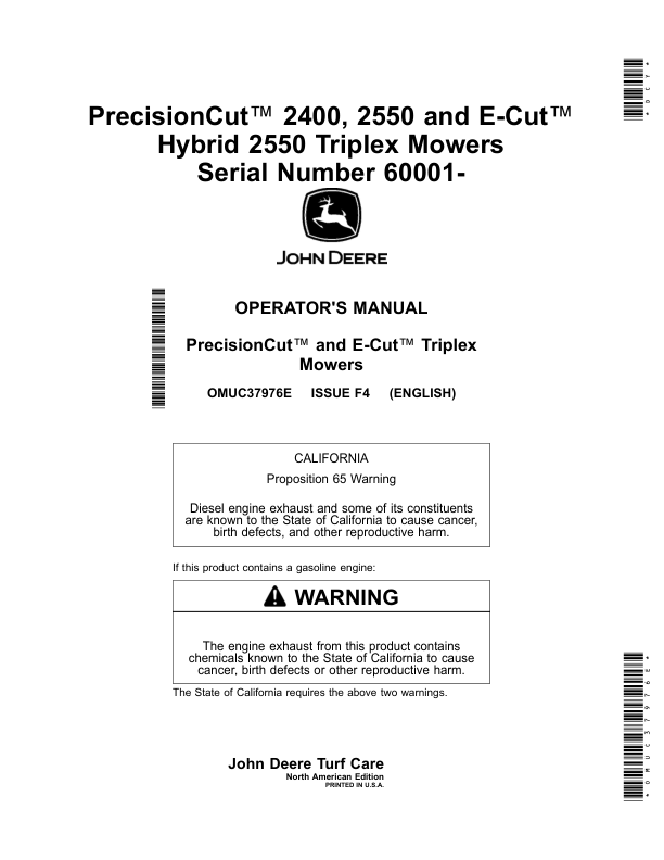 John Deere PrecisionCut 2400, 2550, E-Cut Hybrid 2550 Triplex Mowers Serial Number 60001- Operator's Manual (OMUC37976E)