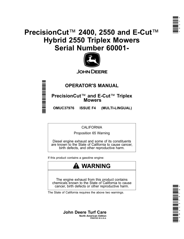 John Deere PrecisionCut 2400, 2550, E-Cut Hybrid 2550 Triplex Mowers Serial Number 60001- Operator's Manual (OMUC37976)