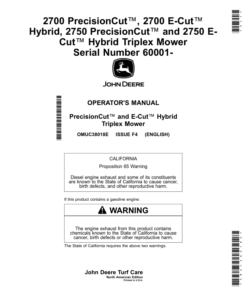 John Deere 2700 PrecisionCut, 2700 E-Cut Hybrid, 2750 PrecisionCut, 2750 E-Cut Hybrid Triplex Mower Serial Number 60001- Operator's Manual (OMUC38018E)