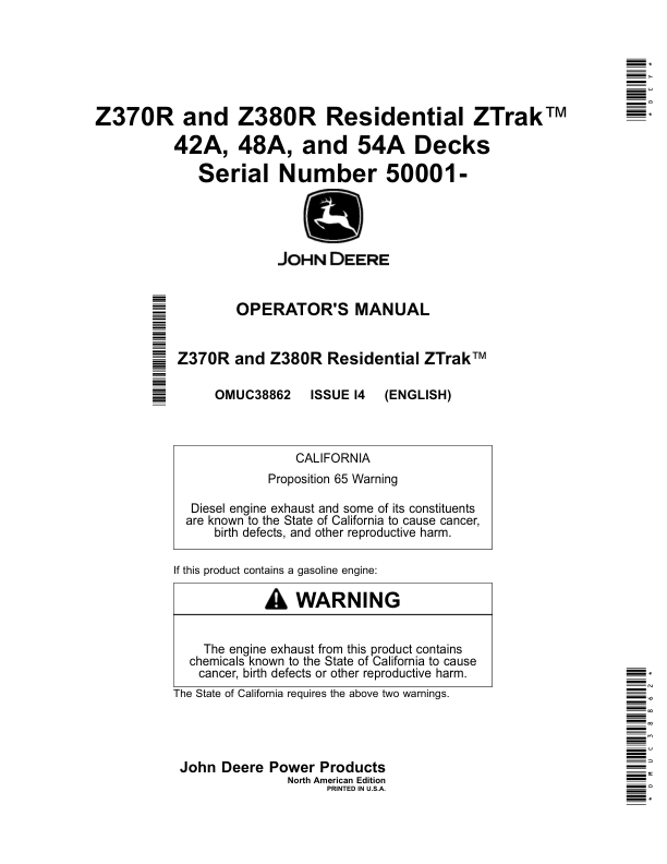 John Deere Z370R, Z380R Residential ZTrak 42A, 48A, 54A Decks (050001-) Operator's Manual (OMUC38862)
