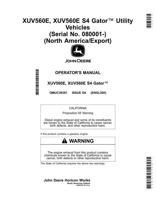 John Deere XUV560E, XUV560E S4 Gator Utility Vehicles (080001-) (North America/Export) Operator's Manual (OMUC39381)