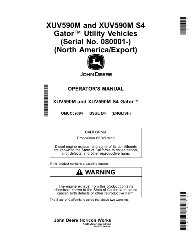 John Deere XUV590M, XUV590M S4 Gator Utility Vehicles (Serial No. 080001-) (North America/Export) Operator's Manual (OMUC39384)