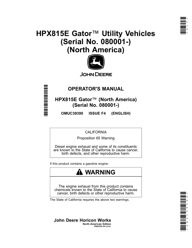 John Deere HPX815E Gator Utility Vehicles (Serial No. 080001-) (North America) Operator's Manual (OMUC39390)