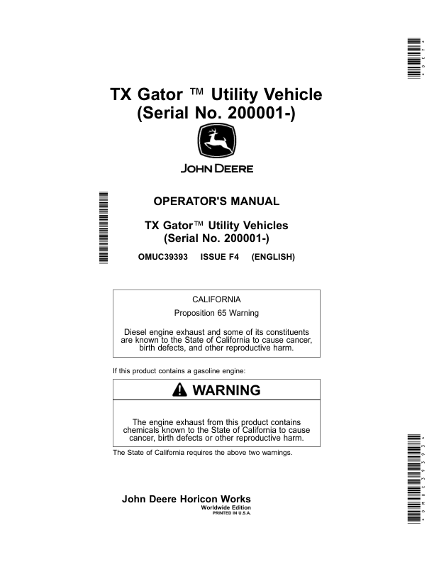 John Deere TX Gator Utility Vehicle (200001-) (Worldwide) Operator's Manual (OMUC39393)