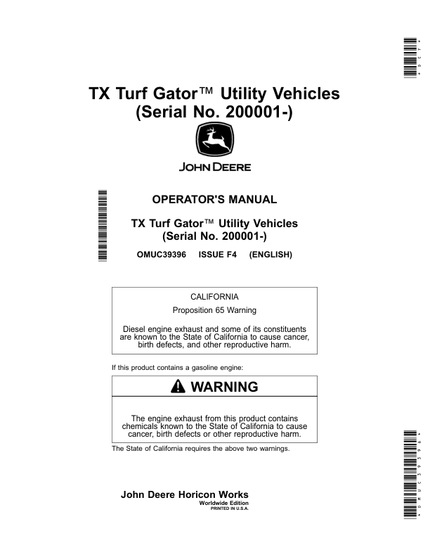 John Deere TX Turf Gator Utility Vehicles (200001-) (Worldwide) Operator's Manual (OMUC39396)