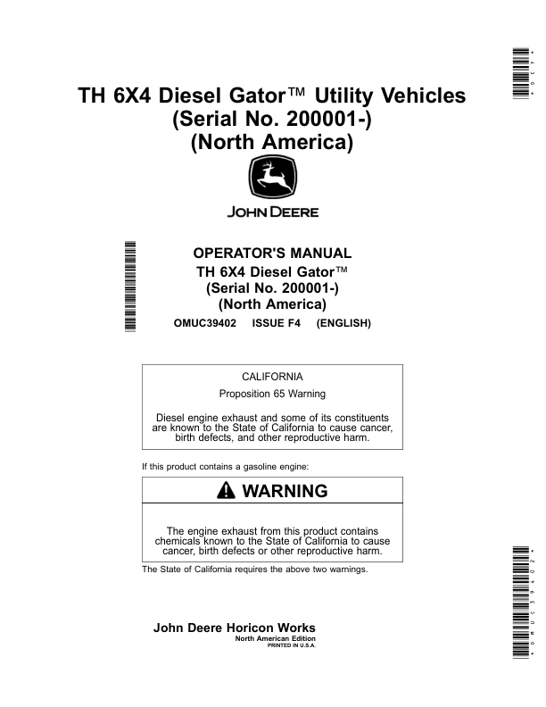 John Deere TH 6X4 Diesel Gator Utility Vehicles (200001-) (North America) Operator's Manual (OMUC39402)