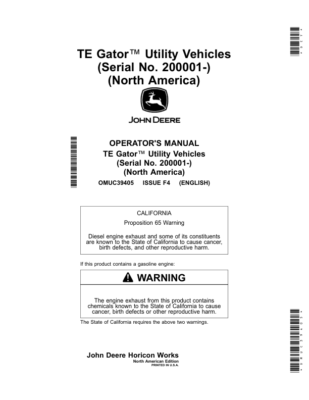 John Deere TE Gator Utility Vehicles (Serial No. 200001-) (North America) Operator's Manual (OMUC39405)