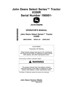 John Deere Select Series Tractor X350R Serial Number 190001- Operator's Manual (OMUC40040)