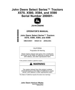 John Deere Select Series Tractors X570, X580, X584, X590 Serial Number 200001- Operator's Manual (OMUC40041)