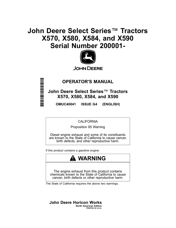 John Deere Select Series Tractors X570, X580, X584, X590 Serial Number 200001- Operator's Manual (OMUC40041)