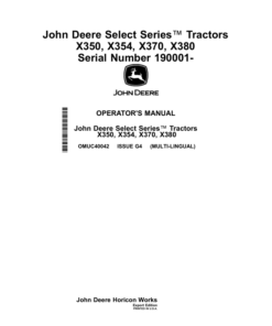 John Deere Select Series Tractors X350, X354, X370, X380 Serial Number 190001- Operator's Manual (OMUC40042)