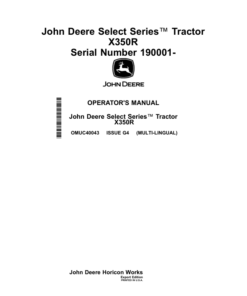 John Deere Select Series Tractor X350R (190001-) Operator's Manual (OMUC40043)