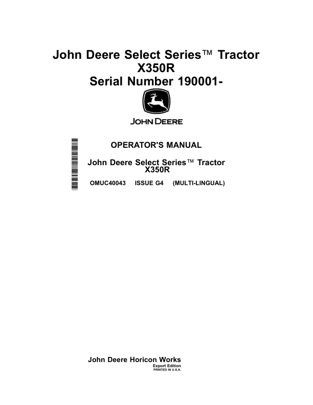 John Deere Select Series Tractor X350R (190001-) Operator's Manual (OMUC40043)