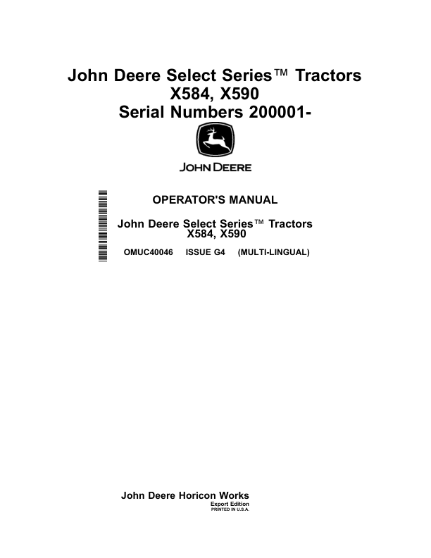 John Deere Select Series Tractors X584, X590 Serial Numbers 200001- Operator's Manual (OMUC40046)