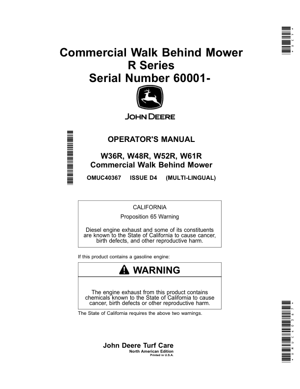 John Deere Commercial Walk Behind Mower R Series (060001-) Operator's Manual (OMUC40367)