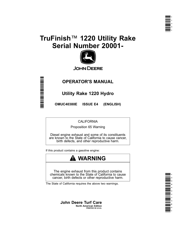John Deere TruFinish 1220 Utility Rake (020001-) (North America) Operator's Manual (OMUC40380E)
