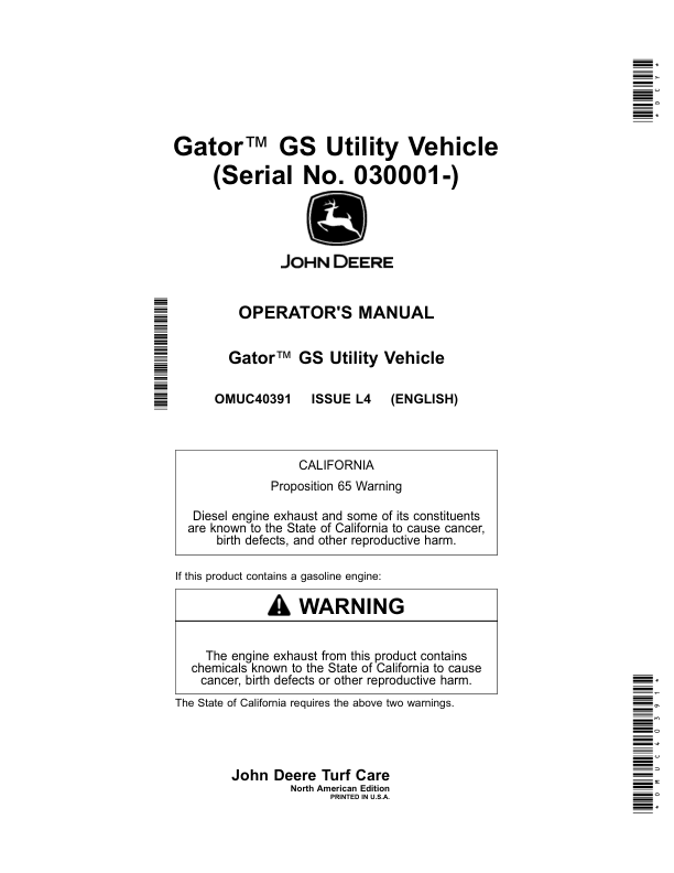John Deere Gator GS Utility Vehicle (Serial No. 030001-) Operator's Manual (OMUC40391)