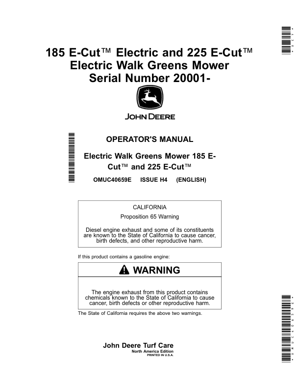 John Deere 185 E-Cut Electric, 225 E-Cut Electric Walk Greens Mower (020001-) (North American) Operator's Manual (OMUC40659E)