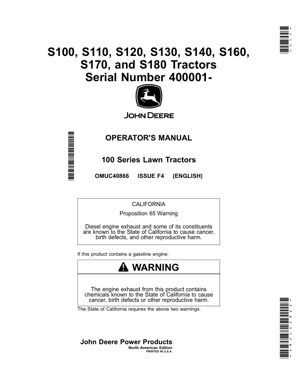 John Deere S100, S110, S120, S130, S140, S160, S170, S180 Tractors (400001-) Operator's Manual (OMUC40866)