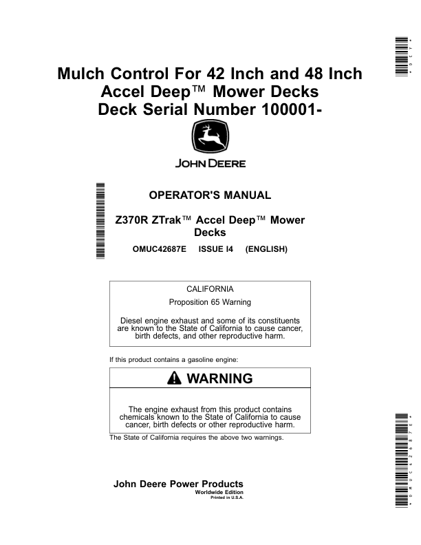 John Deere Mulch Control For 42 Inch, 48 Inch Accel Deep Mower Decks Operator's Manual (OMUC42687E)