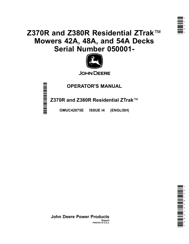 John Deere Z370R, Z380R Residential ZTrak Mowers 42A, 48A, 54A Decks (050001-) Operator's Manual (OMUC42875E)