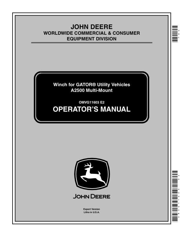 John Deere Winch for Gator Utility Vehicles A2500 Mulit-Mount Operator's Manual (OMVG11603)