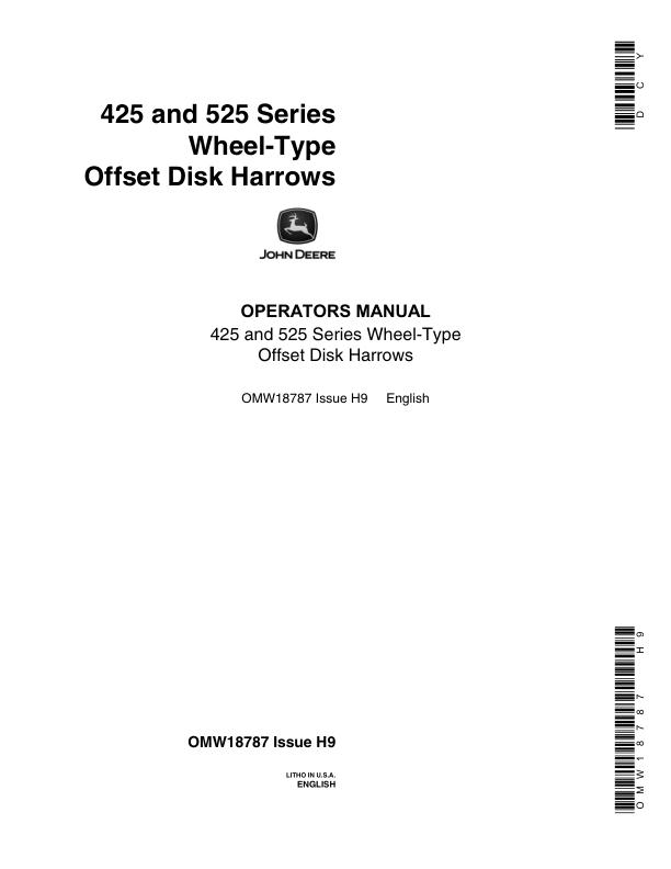 John Deere 425, 525 Series Wheel-Type Offset Disk Harrows Operator's Manual (OMW18787)