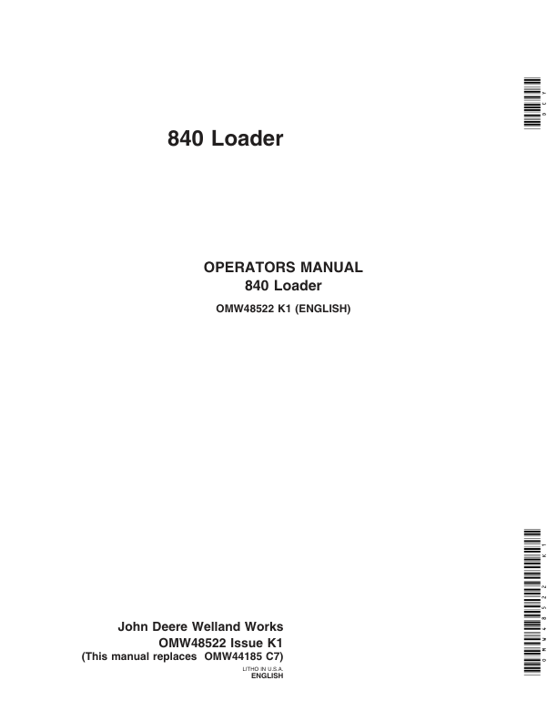 John Deere 840 Loader Operator's Manual (OMW48522)