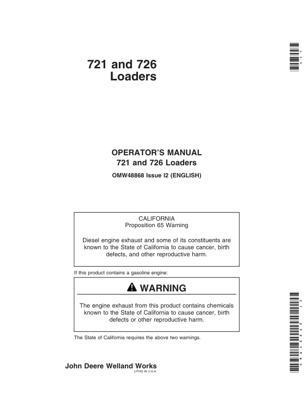 John Deere 721 & 726 Loaders Operator's Manual (OMW48868)