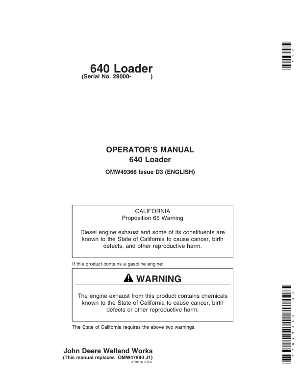 John Deere 640 Standard, 640 Mechanical Loader (028000- ) Operator's Manual (OMW49366)