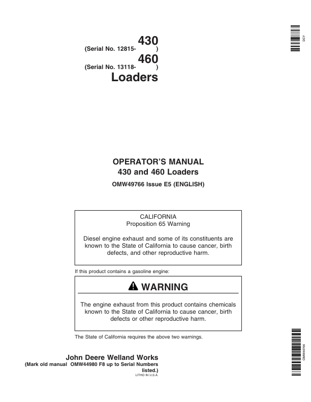 John Deere 430 & 460 Loaders Operator's Manual (OMW49766)