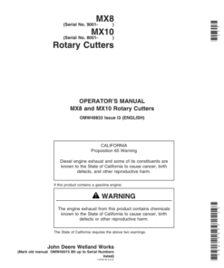 John Deere MX8 Rotary Cutters (009001-010799) MX10 Rotary Cutters (008001-009899) Operator's Manual (OMW49833)