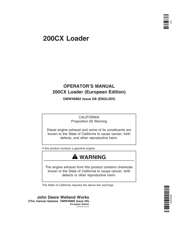 John Deere 200X & 200CX Loaders Operator's Manual (OMW49882)