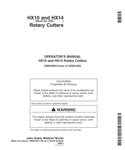 John Deere HX10 Rotary Cutters (005001-006099) HX14 Rotary Cutters (005001-005899) North America Operator's Manual (OMW49923)