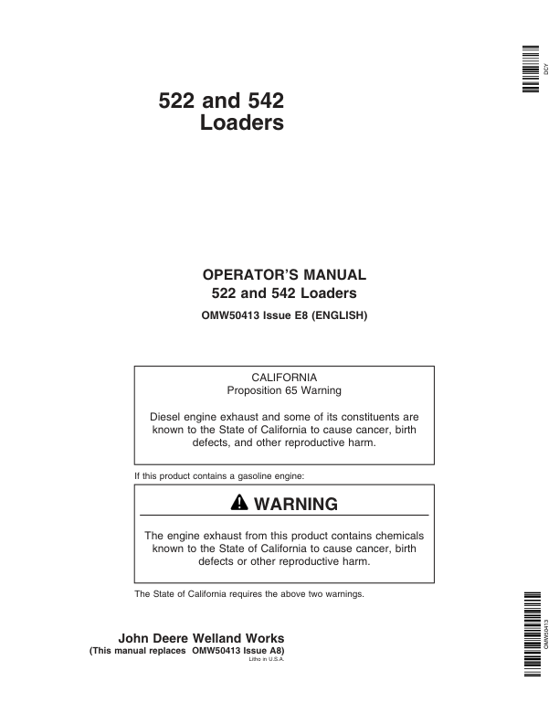 John Deere 522 & 542 Loaders Operator's Manual (OMW50413)